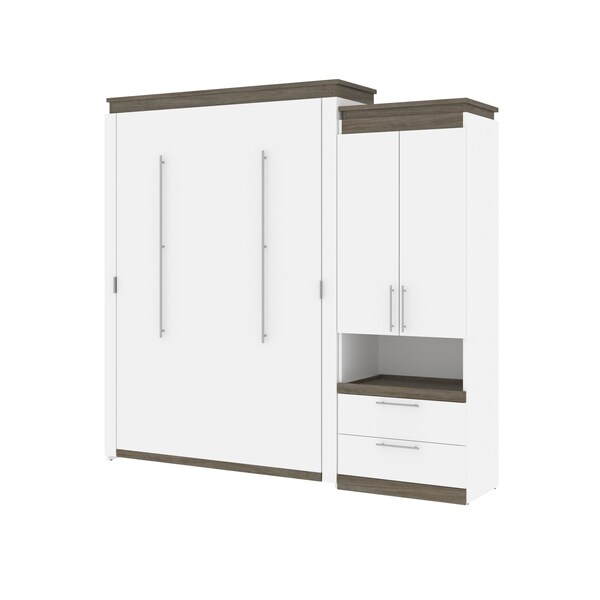 Orion Queen Murphy Bed and Storage Cabinet with Pull-Out Shelf (95W), White & Walnut Grey